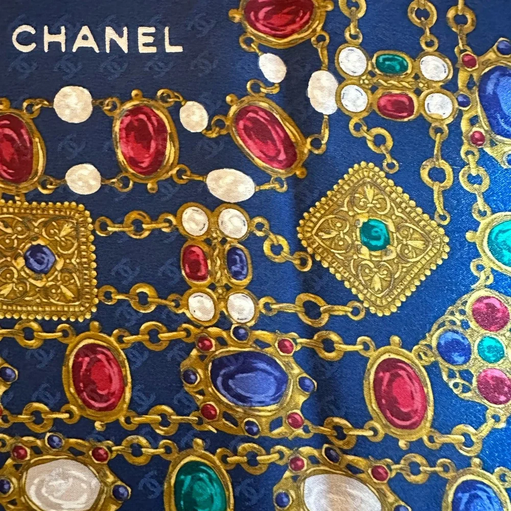 CHANEL Silk Chain Color Stone Scarf Navy Blue CC Coco Mark Logos COA w/ Box - Picture 4 of 14
